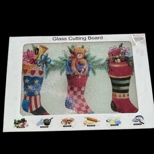 New  JOY 8" x 12" Glass Cutting Board Christmas Tree Shops Seasonal Stockings